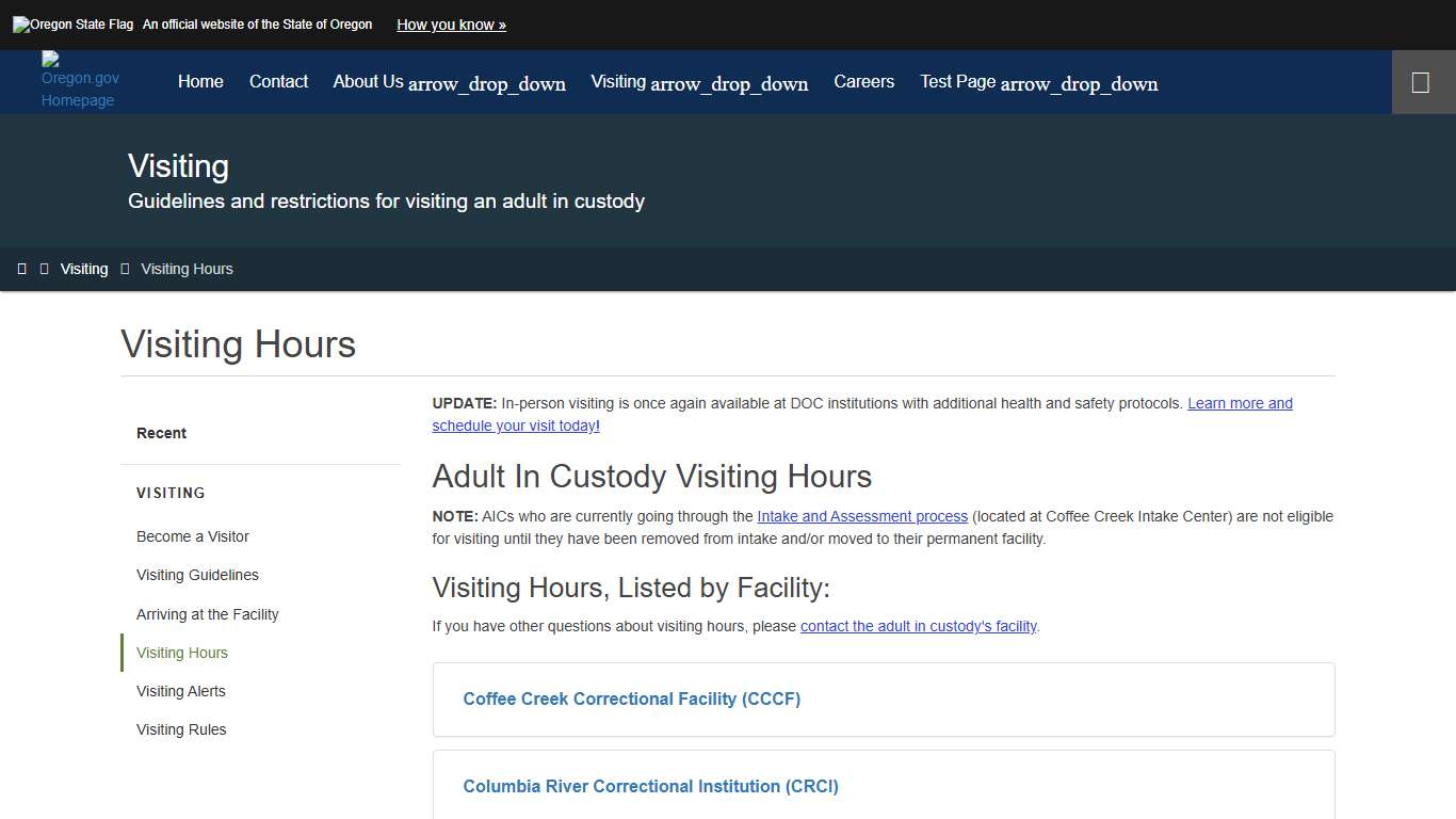 Department of Corrections : Visiting Hours : Visiting : State of Oregon